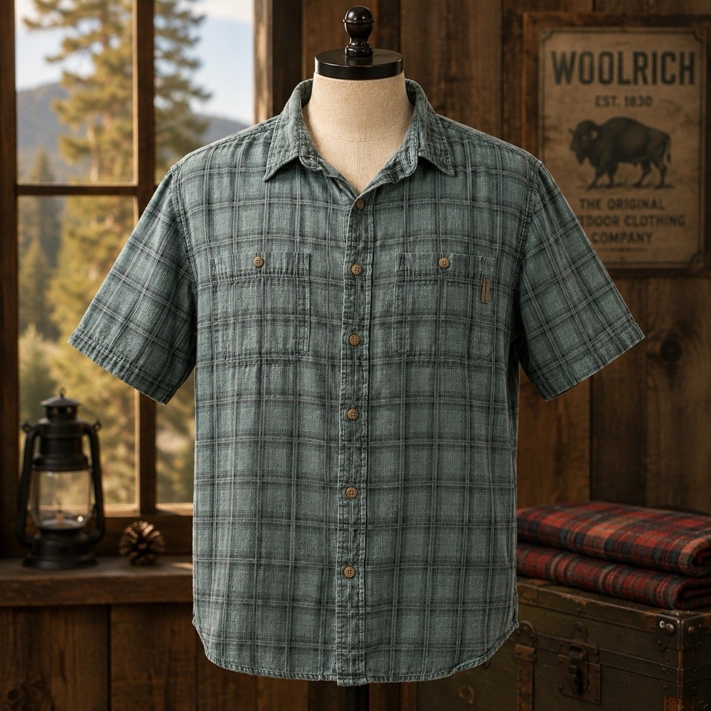 Woolrich XL Short Sleeve Button Shirt Blue Green Plaid Windowpane Cotton